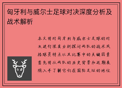 匈牙利与威尔士足球对决深度分析及战术解析